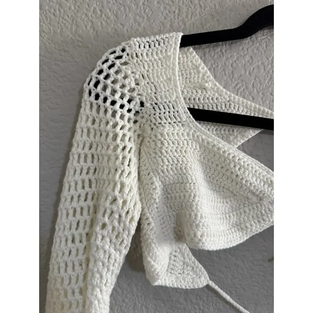Tiger Mist XS Ivory Crochet Open Back Tie Long Sleeve Crop Top Festival #7407